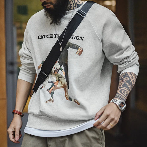 Vintage Baseball Print Sweatshirt – Heavyweight Embroidered Loose Fit Crew Neck Hoodie